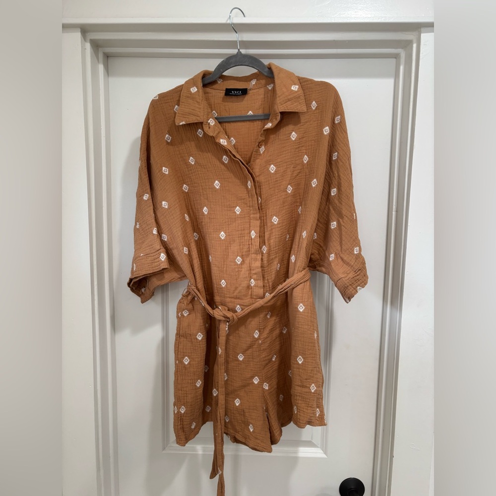Vici Brown Button-Up Romper with White Accents